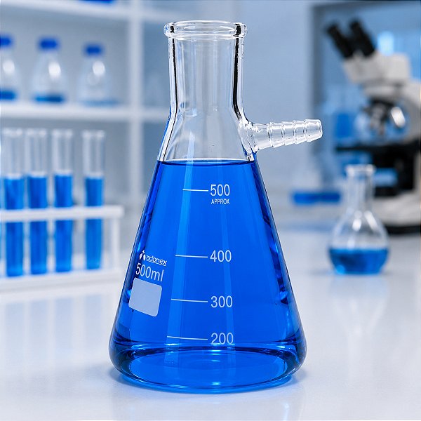 Frasco Kitazato de Vidro Borosilicato 3.3, Graduado, Com Saída Superior de Vidro