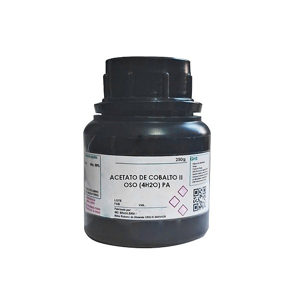 Acetato de Cobalto II Oso 4H2O PA frasco com 250g para uso laboratorial