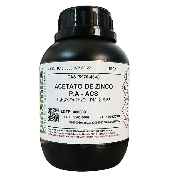 Acetato de Zinco Cristal (2H2O) PA ACS 500 g de alta pureza