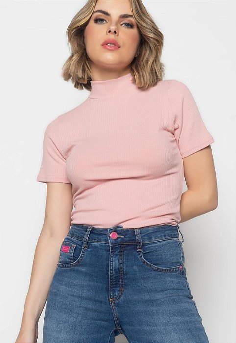 Blusa gola alta manga curta canelada rosa claro - Adorato Fashion