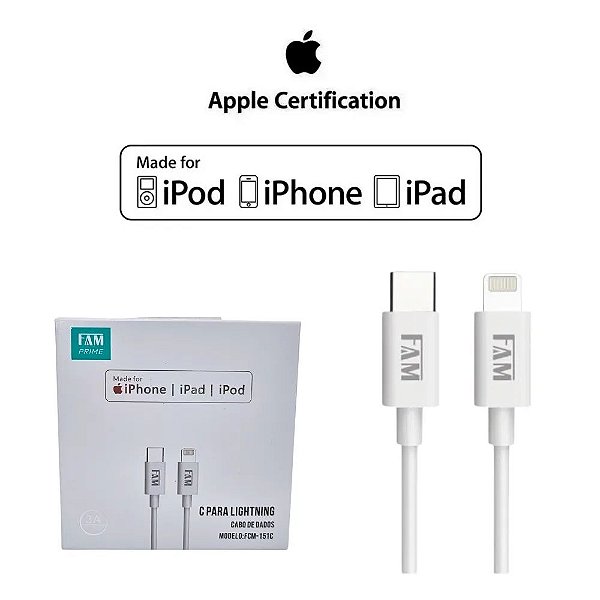 CABO TIPO C P/ LIGHTNING FCM-151C CERTIFICADO APPLE
