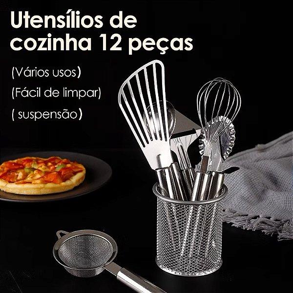 Kit Utensílios de Cozinha Inox com 12 Peças + Suporte Organizador