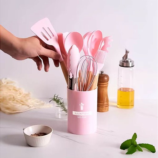 Conjunto de Utensilios de Cozinha Silicone e Cabo de Madeira 12 Peças