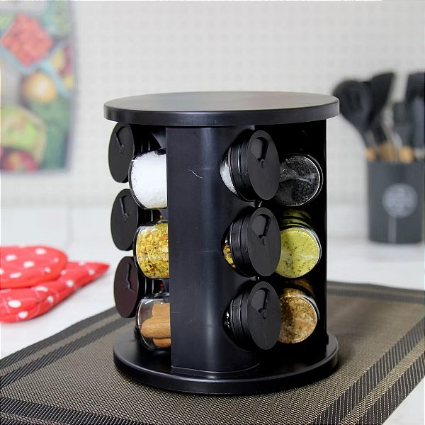 Porta Condimentos Temperos Giratório Potes Vidro Tampa Dosadora Preto