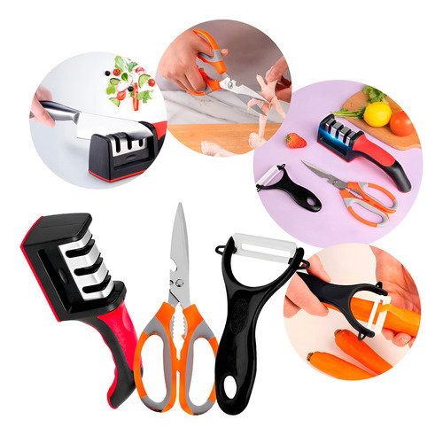 Kit Cozinha Amolador Tesoura Descascador Legumes 3 Peças