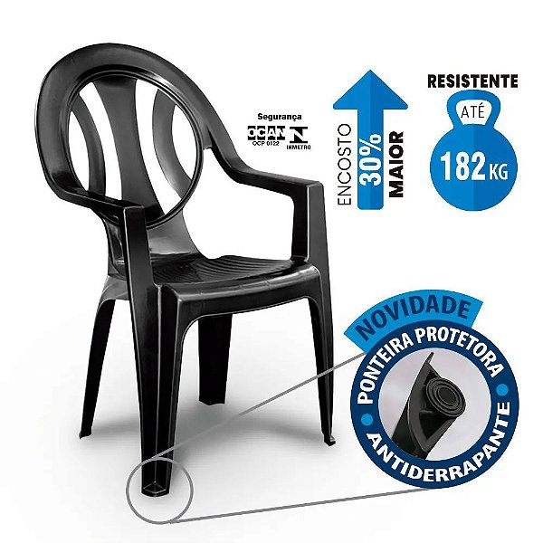 Cadeira de Plástico Poltrona Reforçada 182 Kilos Preta