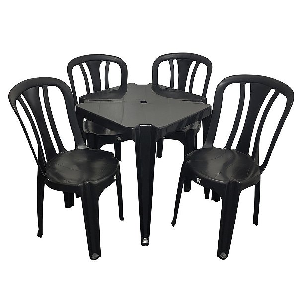 Conjunto/Jogo de Mesa com 4 Cadeiras Plásticas Bistrô 182 Kilos Preta