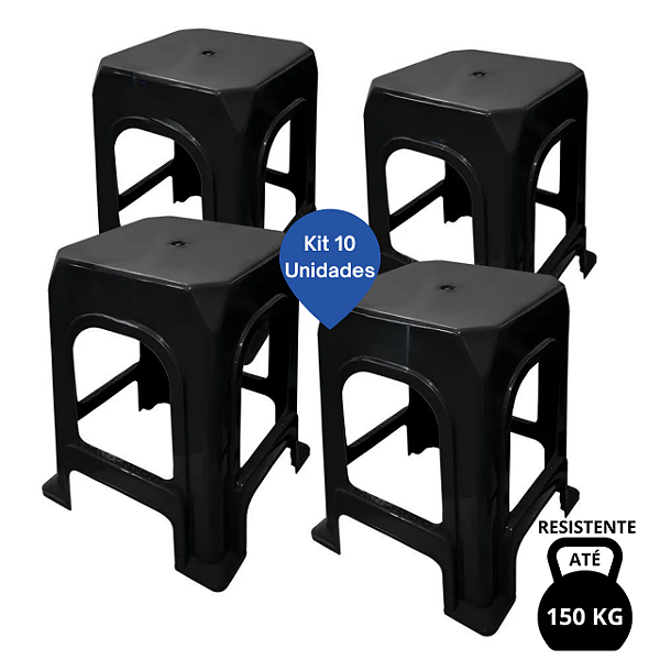 Kit 10 Banquetas/Bancos de Plástico Reforçado 150 Kilos Preto
