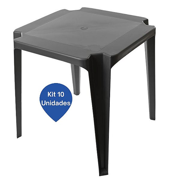 Kit 10 Mesas Plásticas Quadrada Monobloco Empilhavel 70x70 Preta