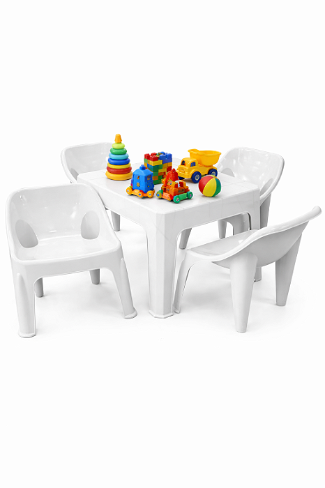 Mesa Infantil com 4 Cadeiras de Plástico Branca - Resistente e Seguro