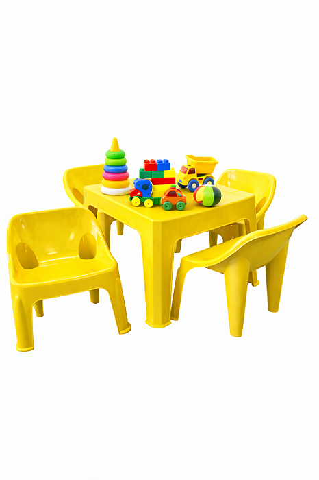 Mesa Infantil com 4 Cadeiras de Plástico Amarelo - Resistente e Seguro