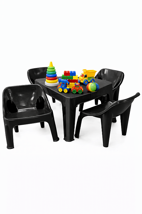 Mesa Infantil com 4 Cadeiras de Plástico Preta- Resistente e Seguro