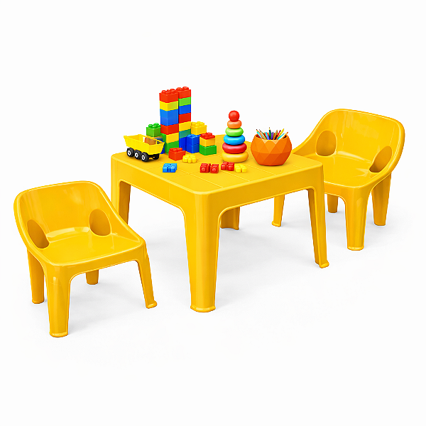 Mesa Infantil com 2 Cadeiras de Plástico Amarelo - Resistente e Seguro