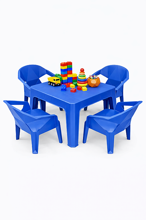 Mesa Infantil com 4 Cadeira Diamante de Plástico Azul - Resistente e Seguro