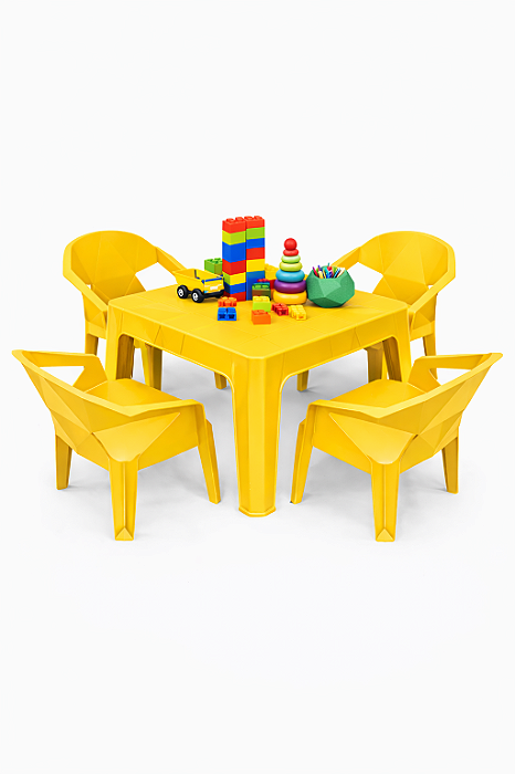 Mesa Infantil com 4 Cadeira Diamante de Plástico Amarela - Resistente e Seguro