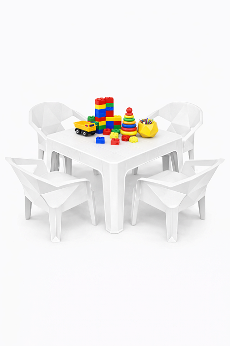 Mesa Infantil com 4 Cadeira Diamante de Plástico Branca - Resistente e Seguro