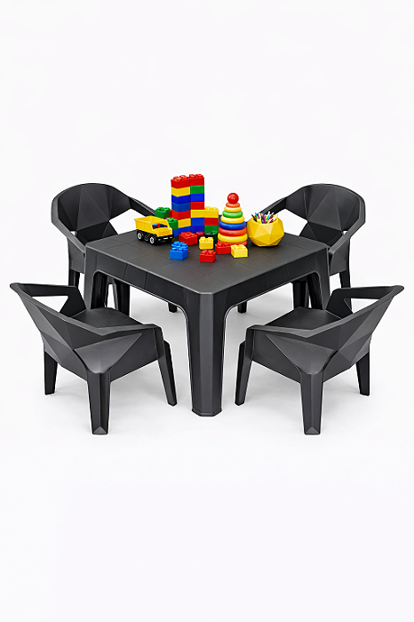 Mesa Infantil com 4 Cadeira Diamante de Plástico Preta - Resistente e Seguro