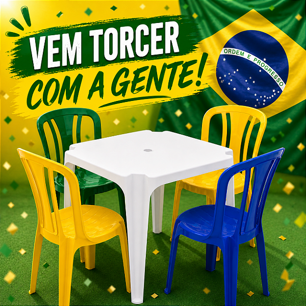 Conjunto/Jogo de Mesa com 4 Cadeiras Plásticas Bistrô 182 Kilos Copa do Mundo