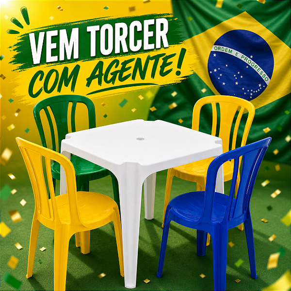 Conjunto/Jogo de Mesa com 4 Cadeiras Plásticas Bistrô 182 Kilos Copa do Mundo