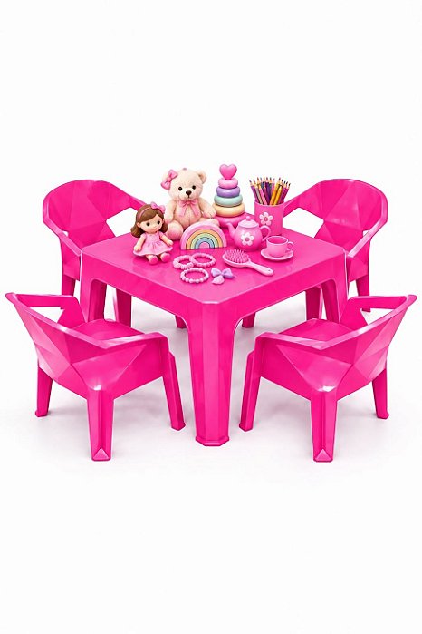 Mesa Infantil com 4 Cadeira Diamante de Plástico Rosa - Resistente e Seguro