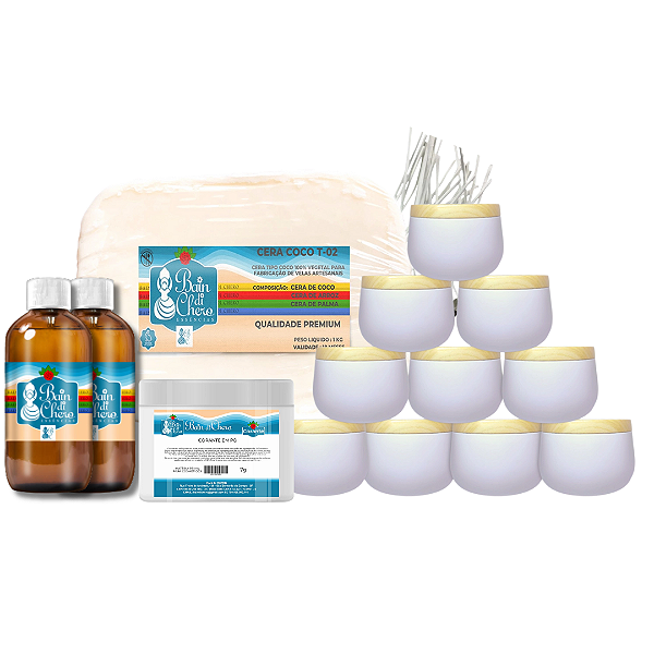 Kit Básico para Produção de Velas Aromáticas c/ Cera de Coco e Latas c/Tampa Amadeirada 240ml