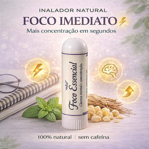 Inalador Foco e Concentração Natural | TDAH l Aromaterapia Produtividade Clareza Mental | Hortelã Olíbano Vetiver Cedro
