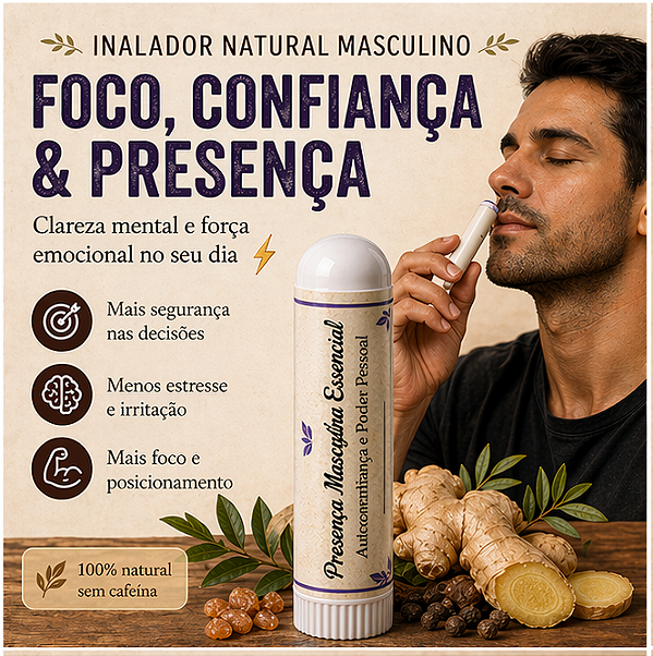Inalador Aromaterapia Masculina | Autoconfiança, Autoestima e Poder Pessoal | Óleos Essenciais Naturais para Homens