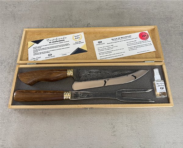 KIT FULL CARBONO MADEIRA - Churrasco 8" + Garfo 8" + Caixa de Madeira