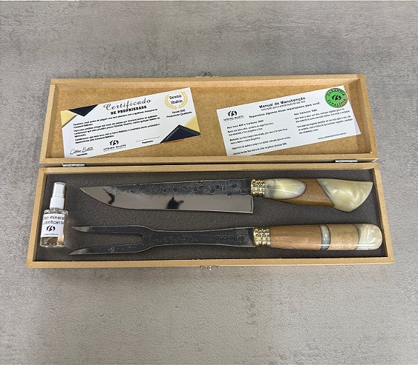 KIT FULL CARBONO BIANCA - Picanheira 8" + Garfo 8" + Caixa de Madeira