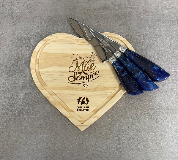 KIT COZINHA GOURMET - 3 FACAS INOX + CABO AZUL ESCURO + TÁBUA