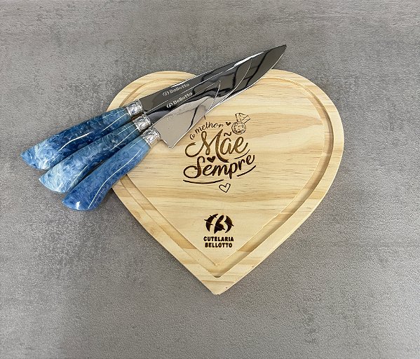 KIT COZINHA GOURMET - 3 FACAS INOX + CABO AZUL + TÁBUA