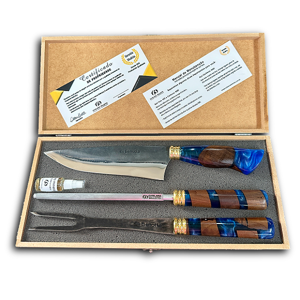 KIT FULL CARBONO AZUL - Classic 8" + Chaira 8" + Garfo 8" + Caixa de Madeira