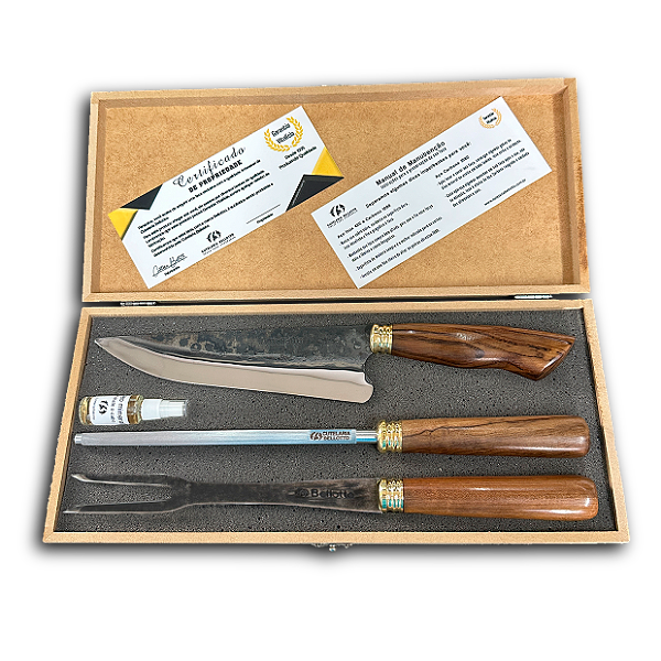 KIT FULL CARBONO MADEIRA - Churrasco 8" + Chaira 8" + Garfo 8" + Caixa de Madeira