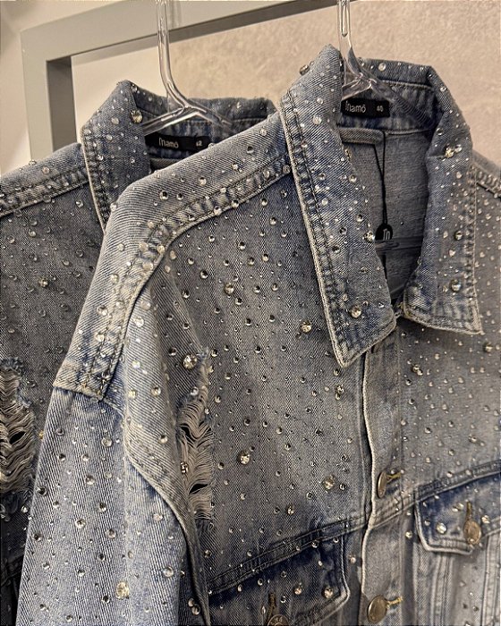 Jaqueta Jeans Com Strass Oversized Shine
