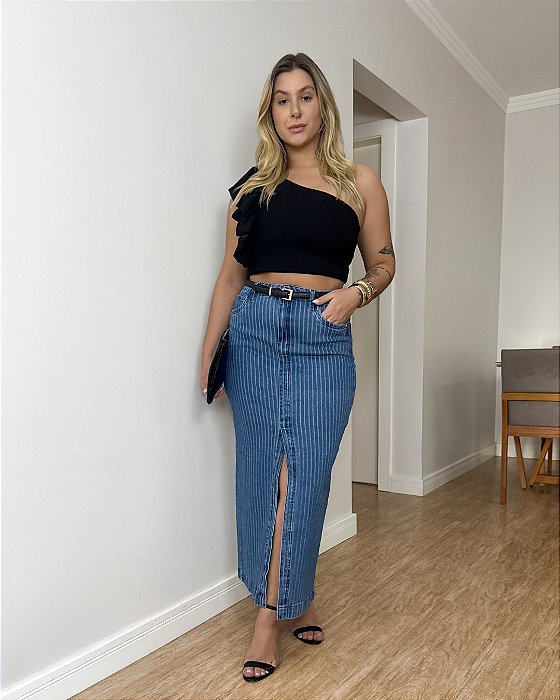 Saia alongada jeans risca de giz Liliana