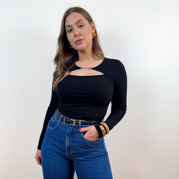 Blusa manga longa com fivela frontal Michele
