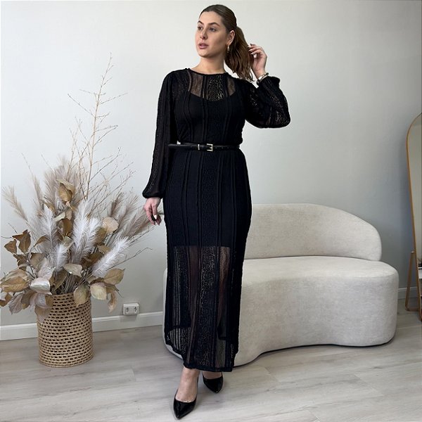 Vestido manga longa midi em renda Giulia