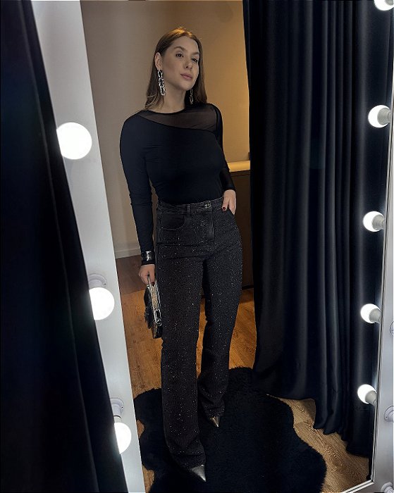 Calça reta jeans com strass frontal Helo