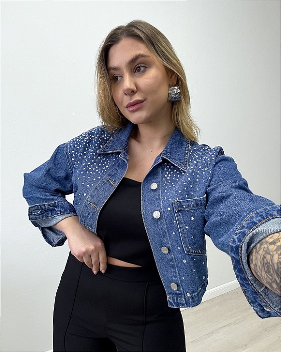 Jaqueta Jeans Cropped Com Strass Liana