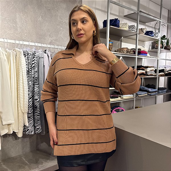Blusa em tricô listrada gola polo Pietra
