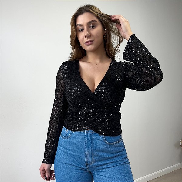 Blusa manga longa em paetês Camila