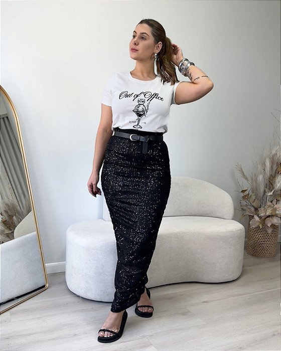 Saia Midi Em Paetês E Drapeados Laterais Camila