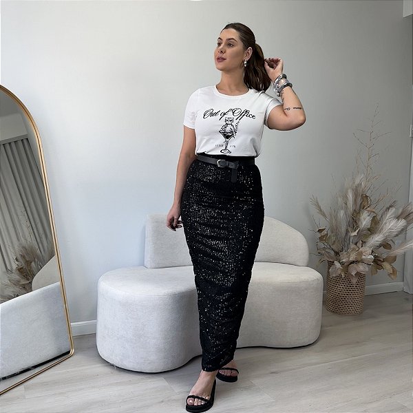 Saia midi drapeada com paetês Camila