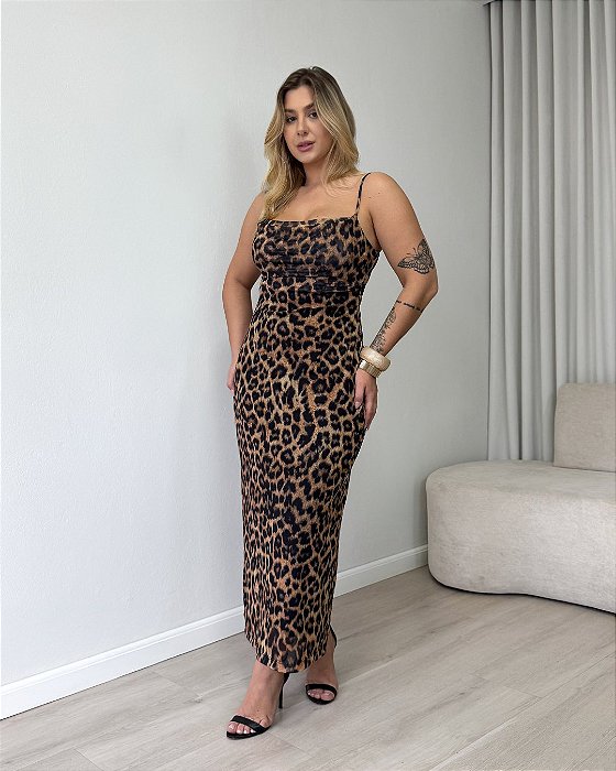 Vestido midi em tule animal print Betania
