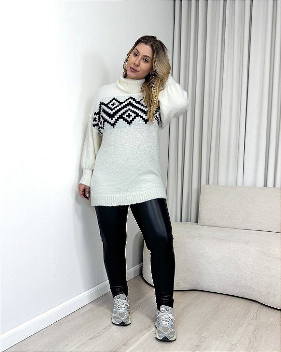Blusa Alongada Em Fio Pluma Com Estampa Frontal Sabrine