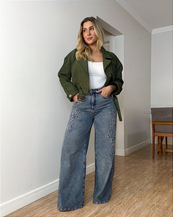 Calça Wide Leg Jeans Bordada Fabiana