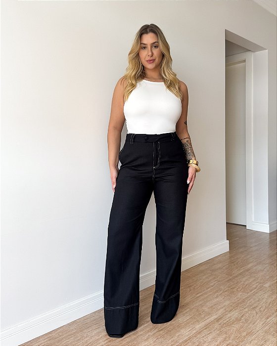 Calça Pantalona Em Viscolinho Com Pespontos Eloá