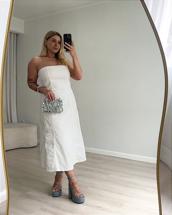 Vestido Midi Sem Alças Em Sarja Celina