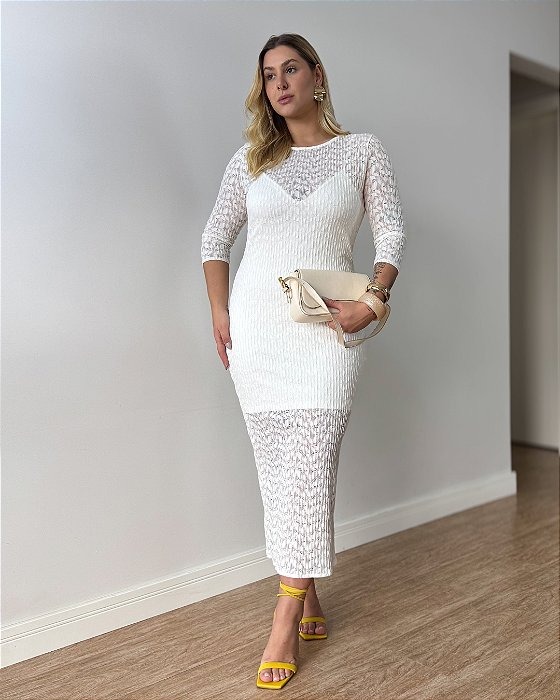Vestido Midi Em Renda Com Mangas Cintia