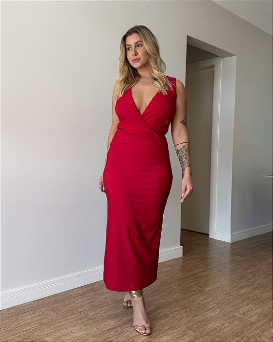 Vestido Midi Com Torção Frontal Lavínia